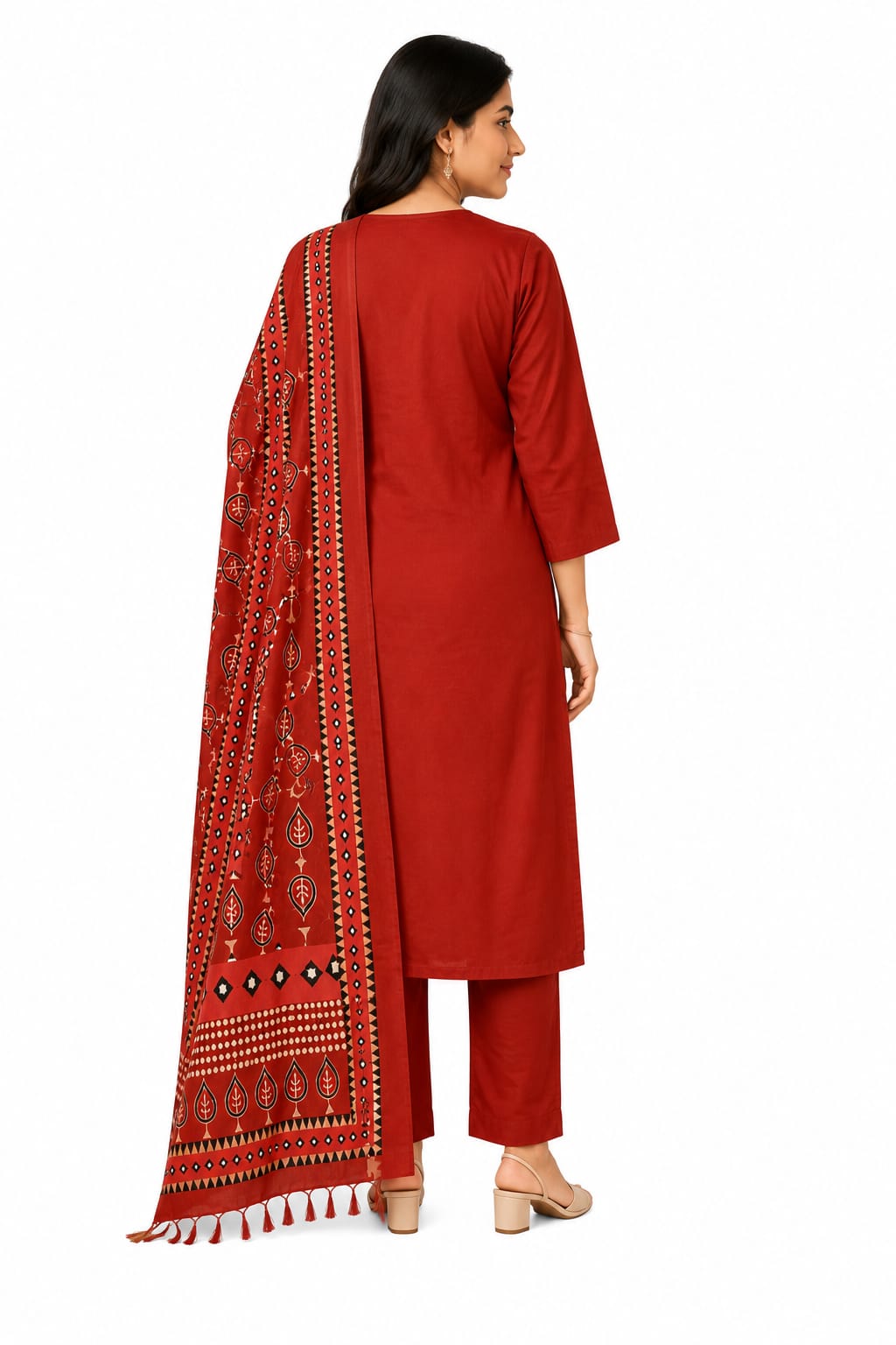 Maroon Cotton Kurta Set with Printed Dupatta for Women