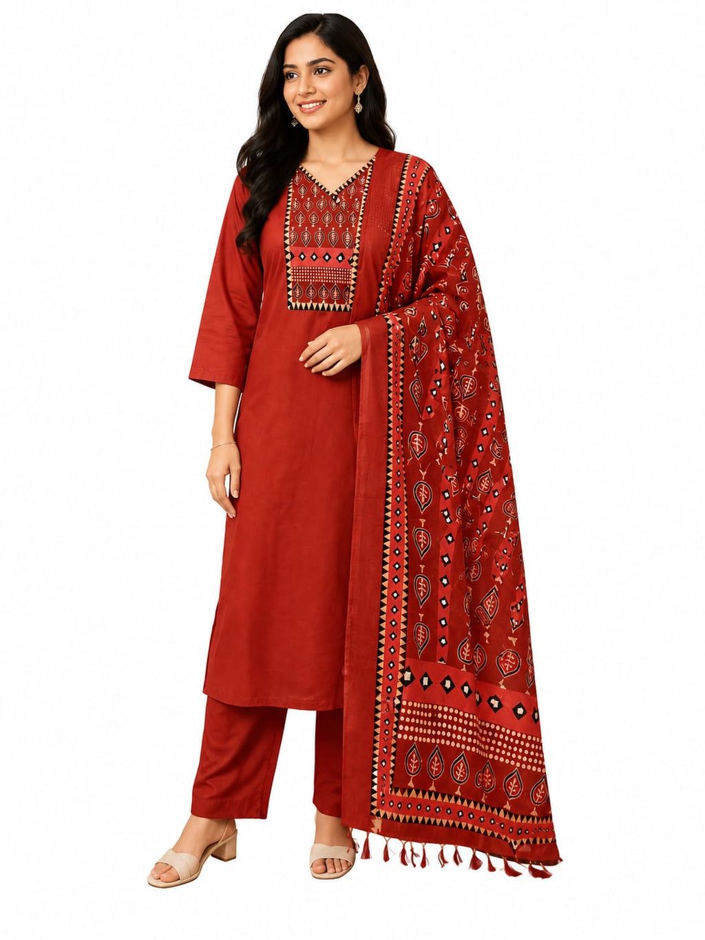 Maroon Cotton Kurta Set with Printed Dupatta for Women