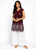 Deshvi Women's Purple Floral Embroidered Sleeveless Short Kurti Top