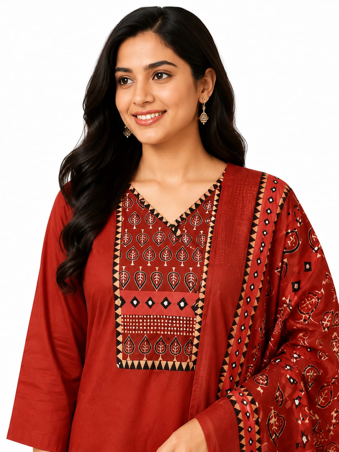 Maroon Cotton Kurta Set with Printed Dupatta for Women